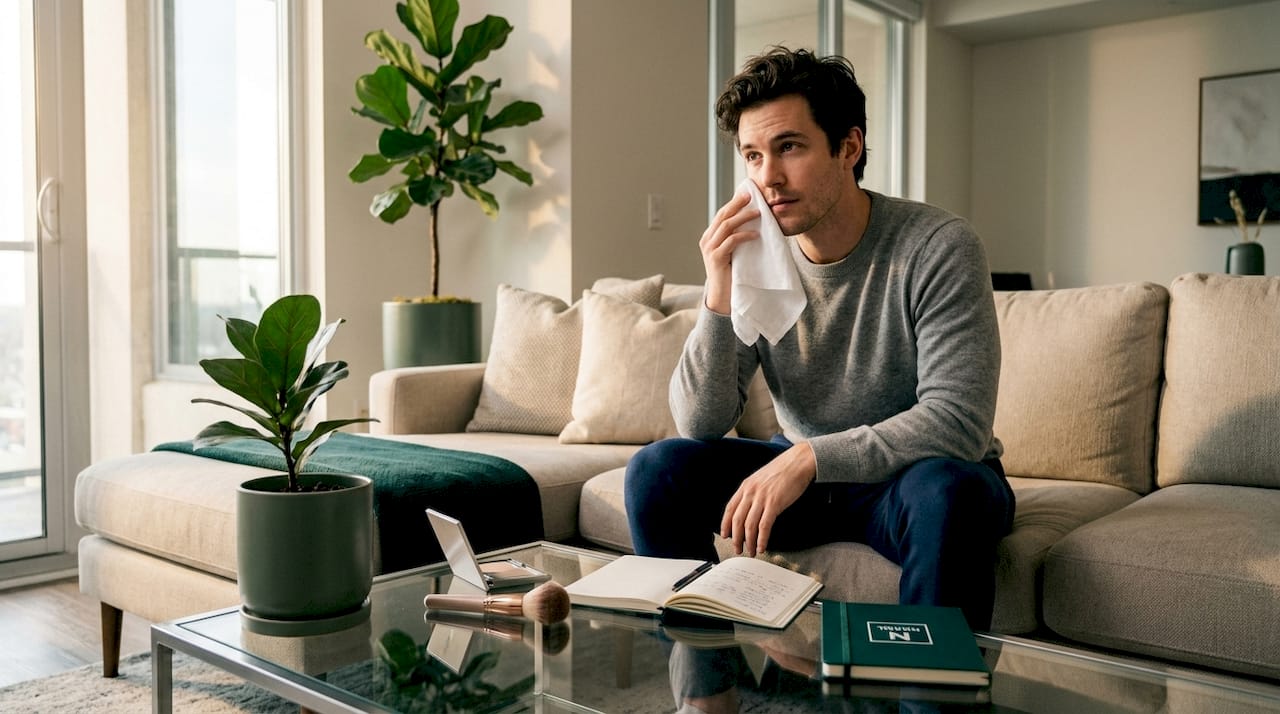 Man setting makeup on living room sofa