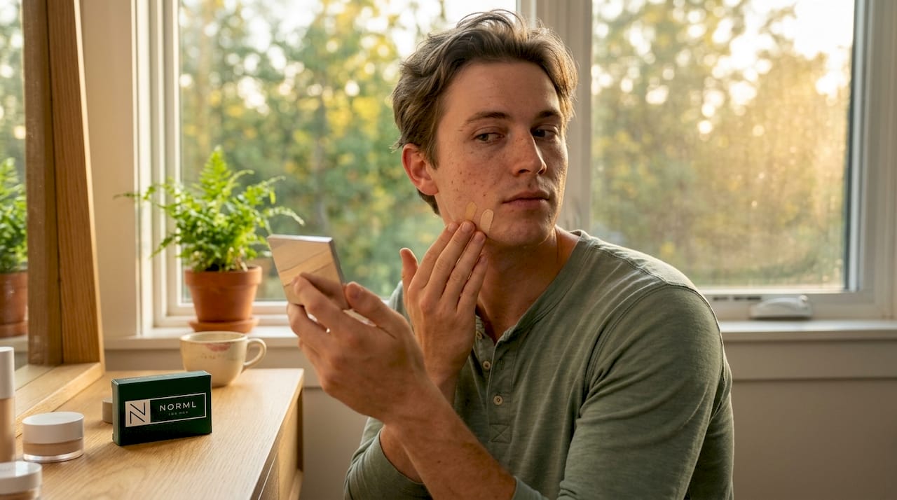 Man testing concealer shade by window