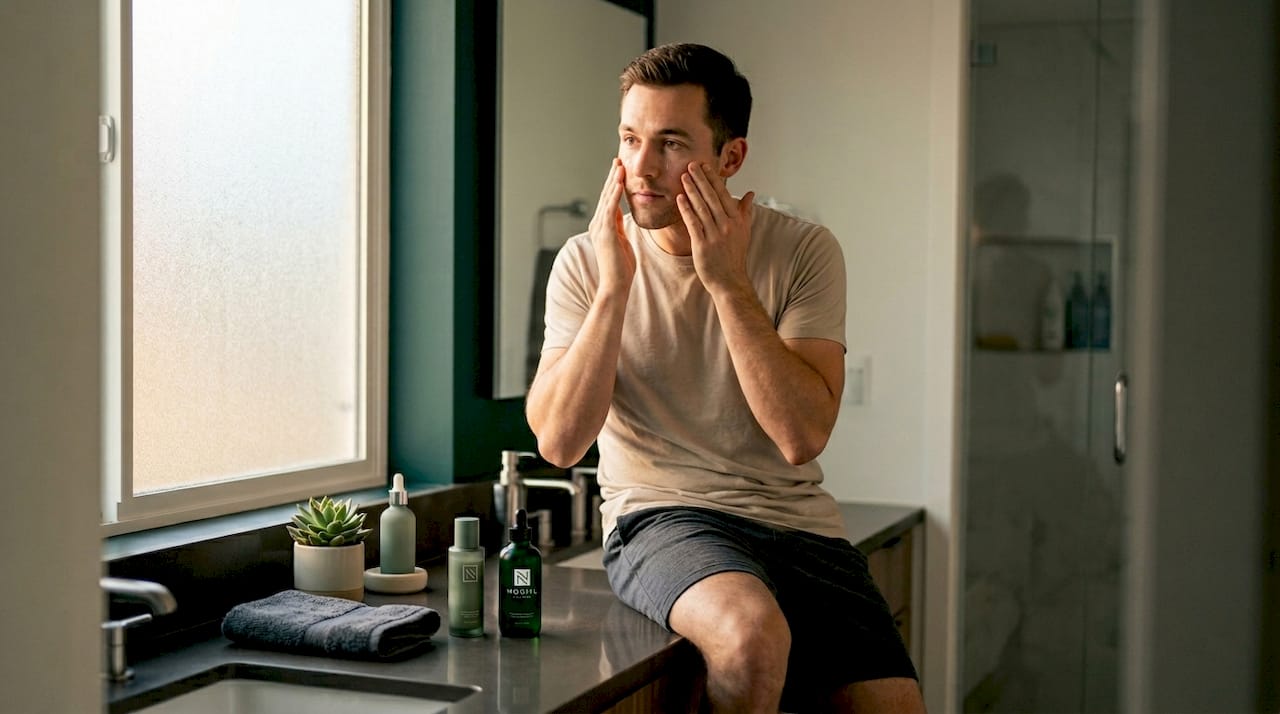 Man applying skincare in morning bedroom