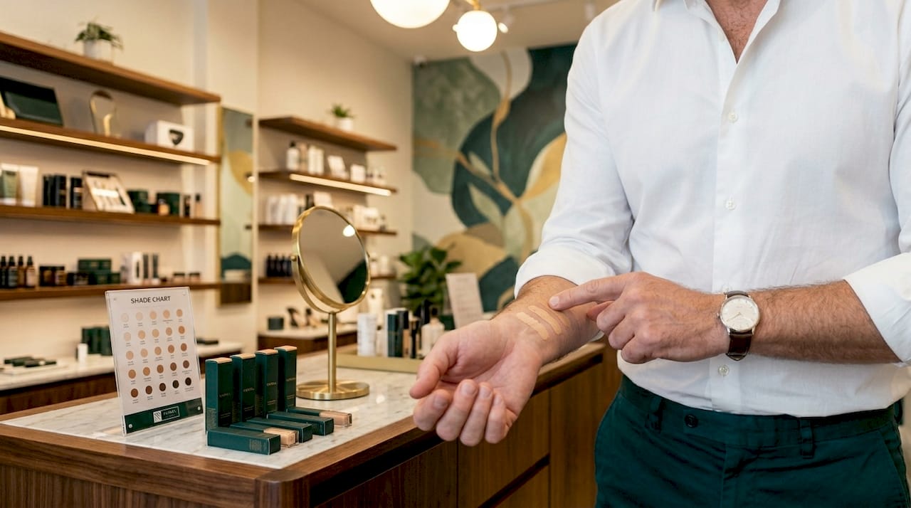 Man tests concealer shades at store counter