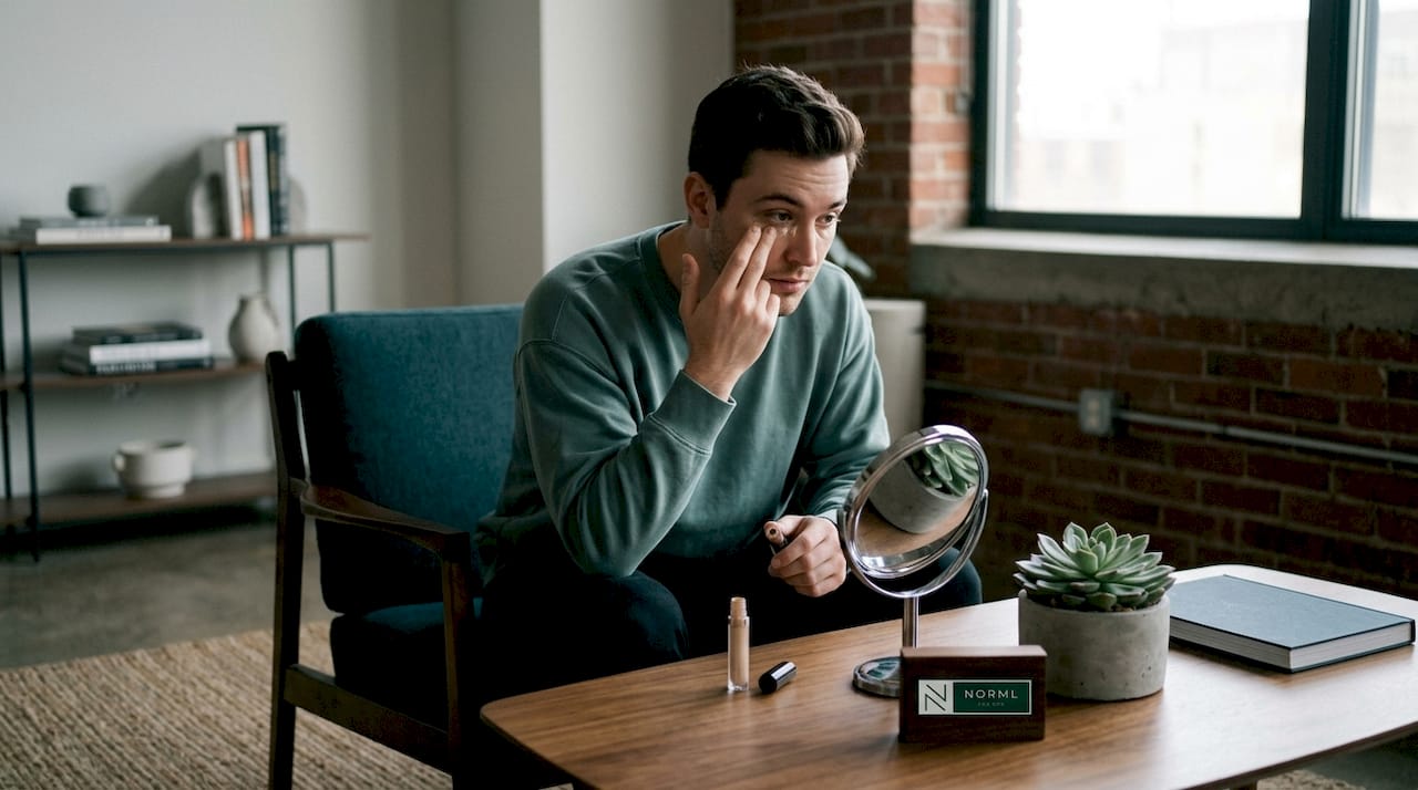 Man applying concealer under eyes in bedroom