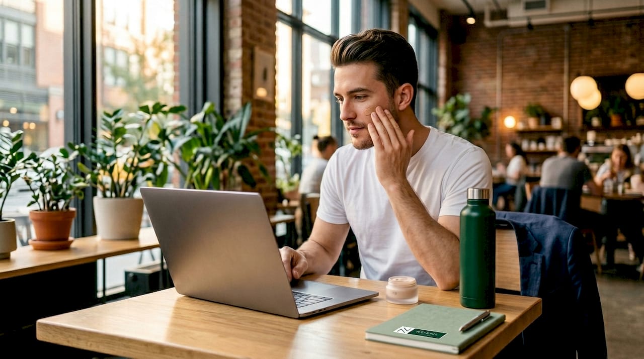 Man touching up makeup during video call