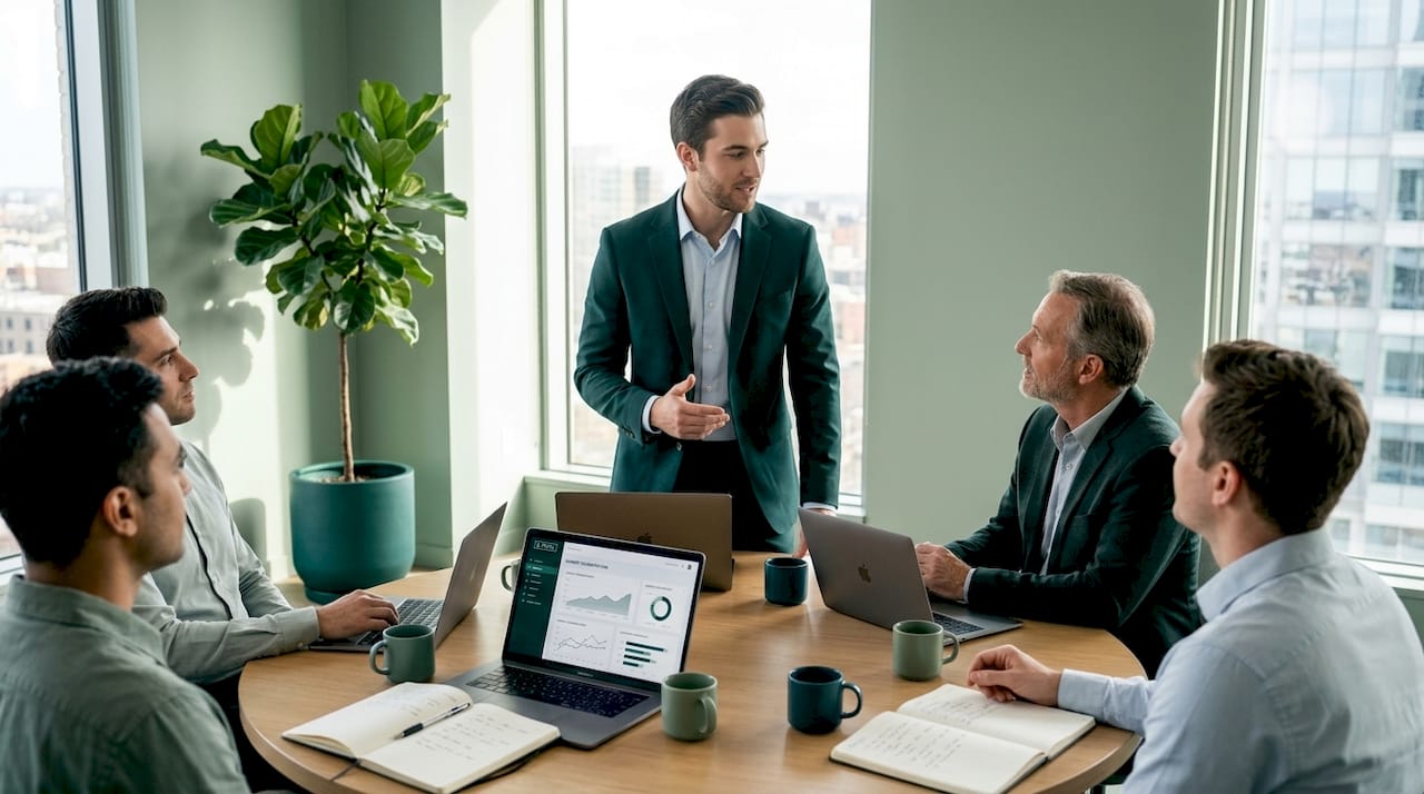 Confident man in meeting with subtle concealer