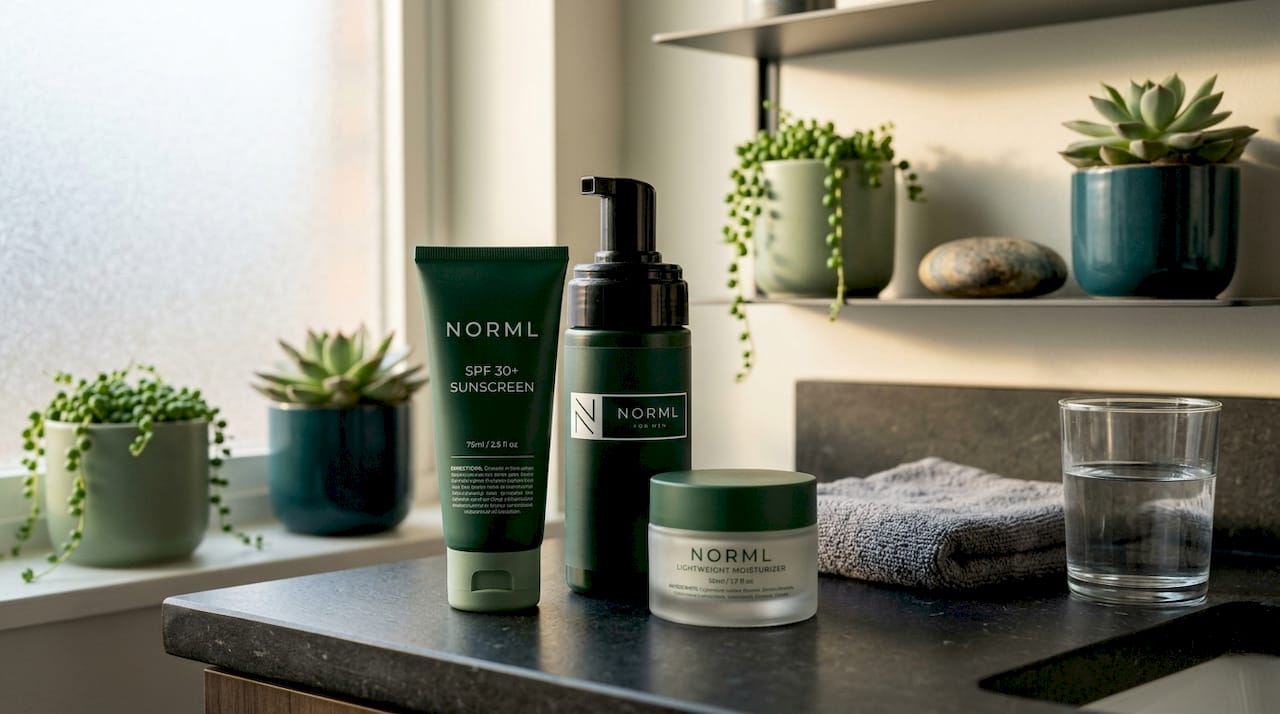 Men's skincare products on wooden vanity