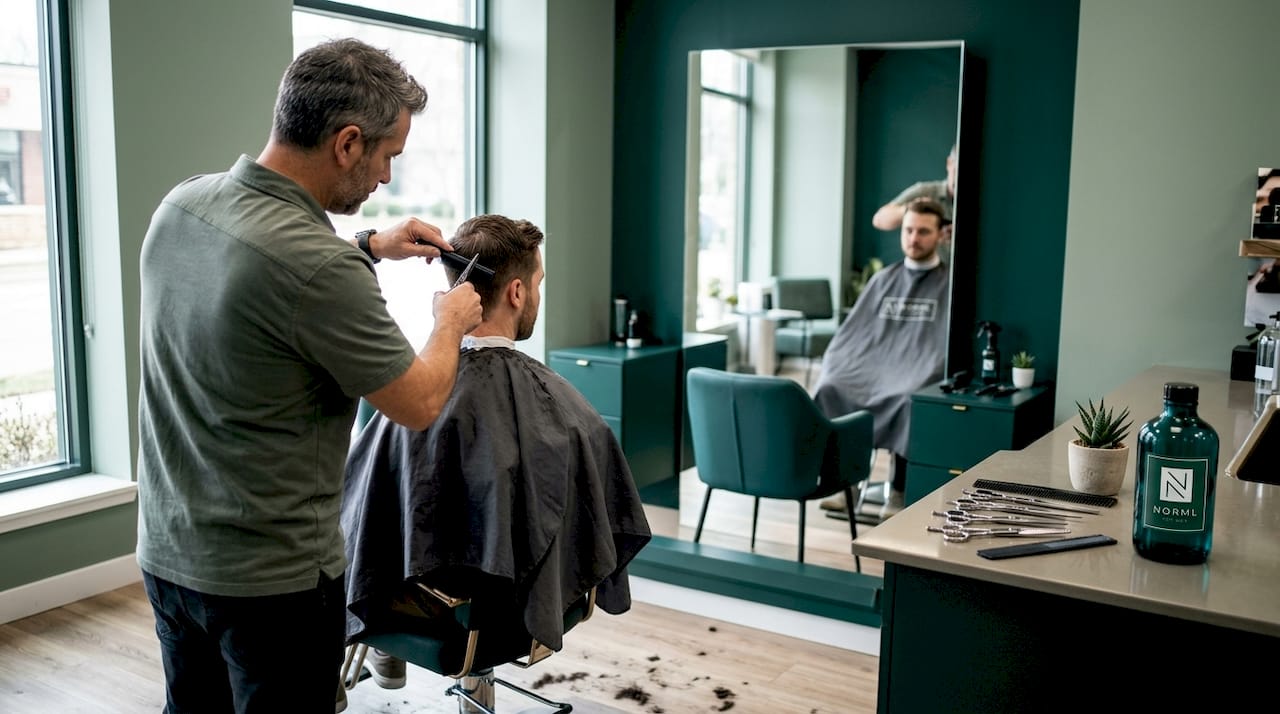 Barber trimming man's hair at shop