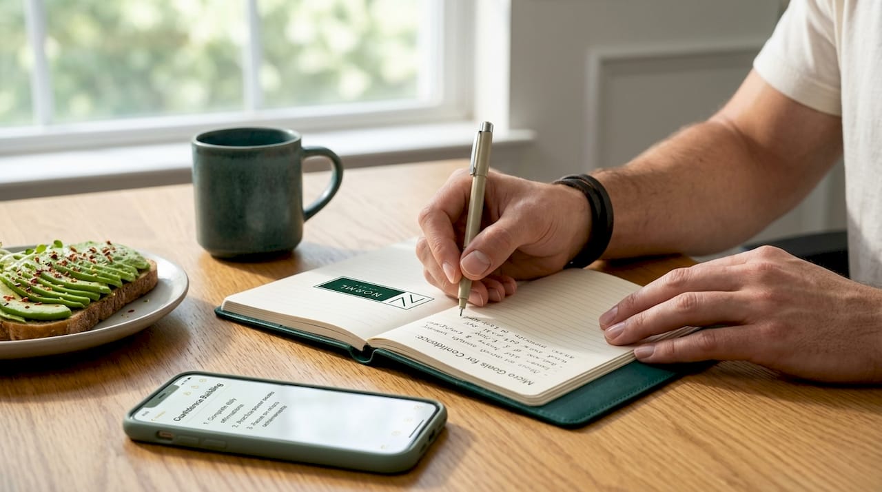 Hands journaling confidence progress at kitchen table