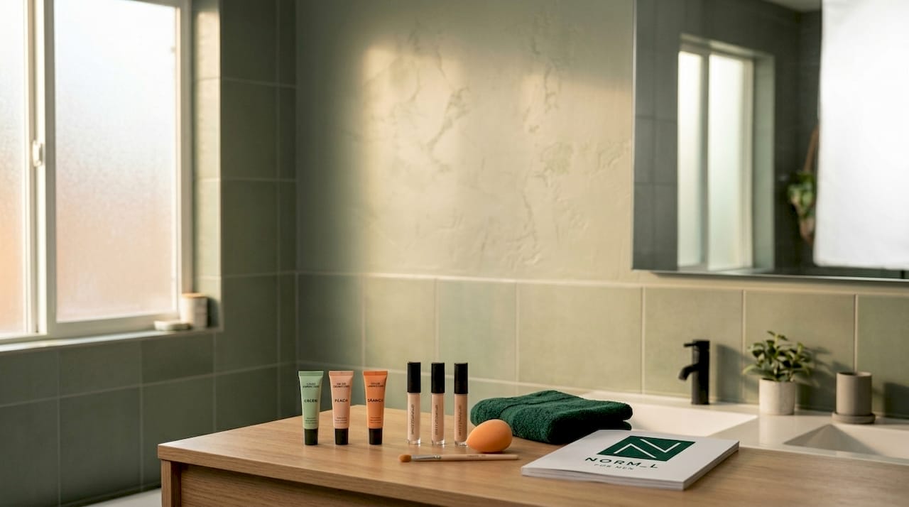 Color correctors and concealers arranged on vanity
