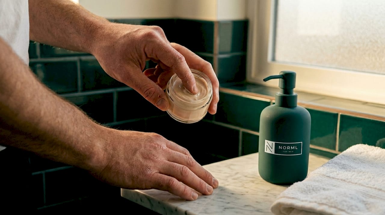 Close-up of man's hands with tinted moisturizer