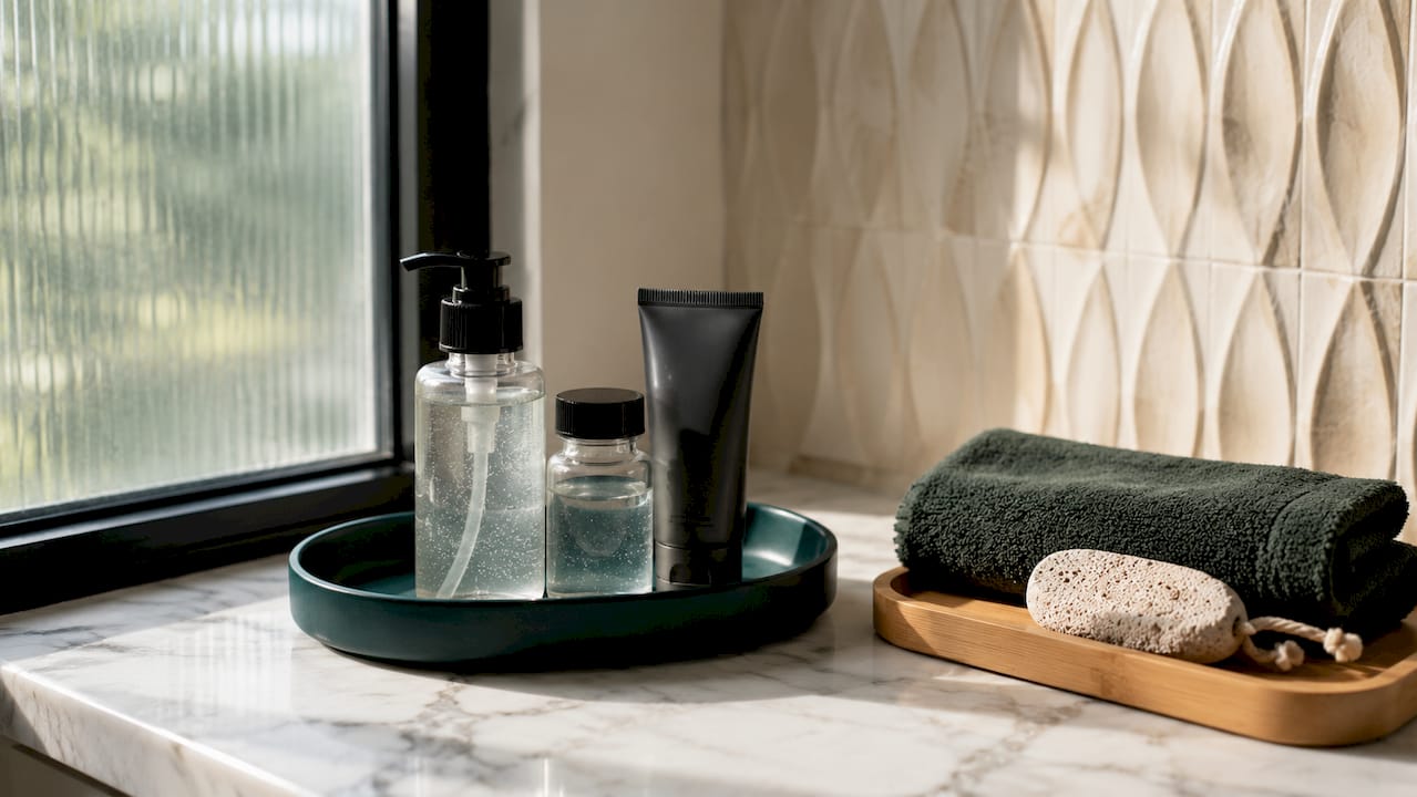 Skincare products arranged on bathroom shelf