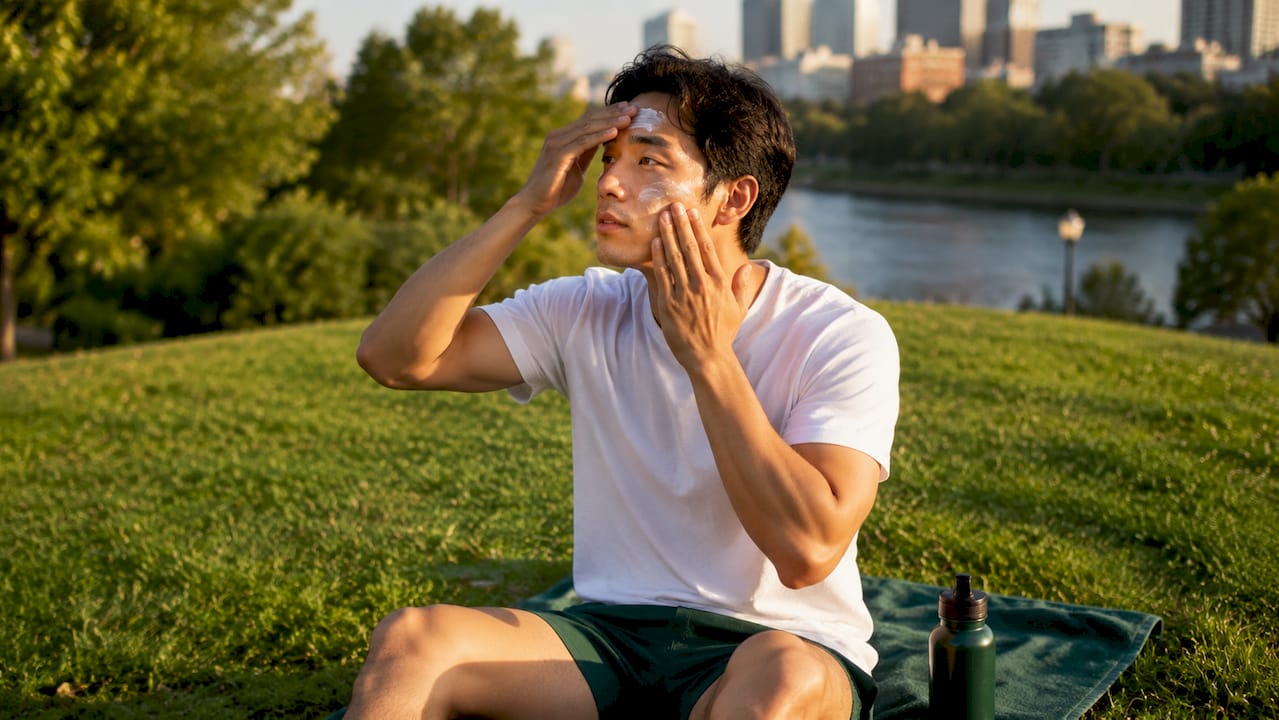 Man applying sunscreen on face outdoors