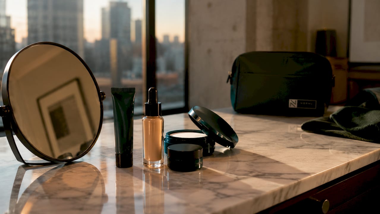 Men's under eye concealer products arranged on dressing table