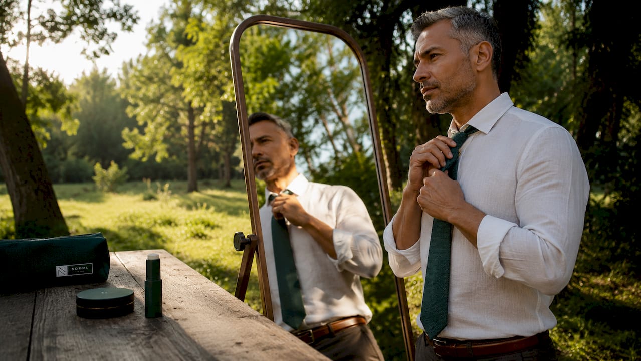 Man preparing with cosmetics and tie adjustment