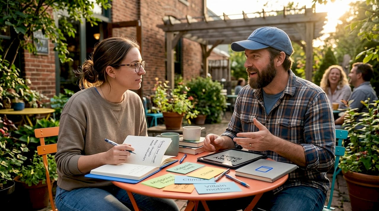 Writers discussing story development with notes and tablet