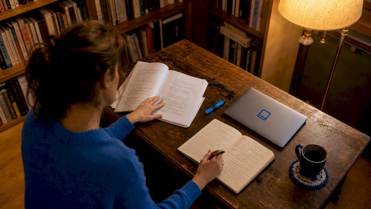 Overhead view of manuscript and editing tools
