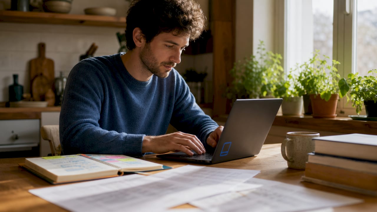 Young man typing manuscript at home desk