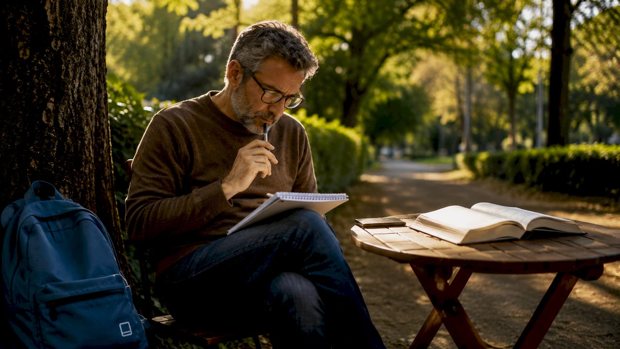 Man writing book summary in library reading room