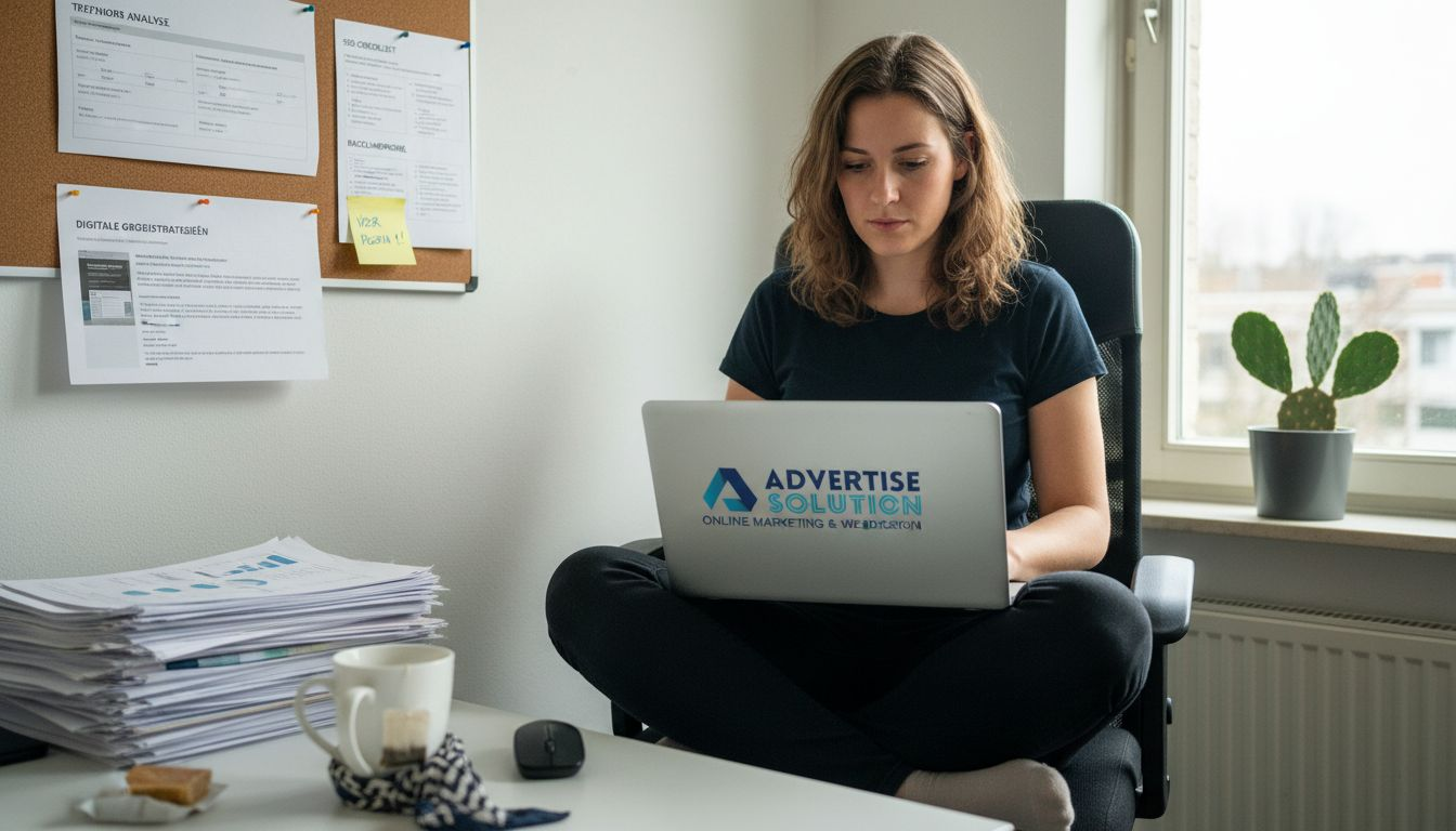 Een SEO-specialist is bezig om de webteksten aan te passen achter zijn bureau.