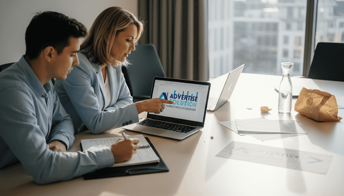 Twee collega's zitten samen om tafel om te sparren over SEO en SEA.