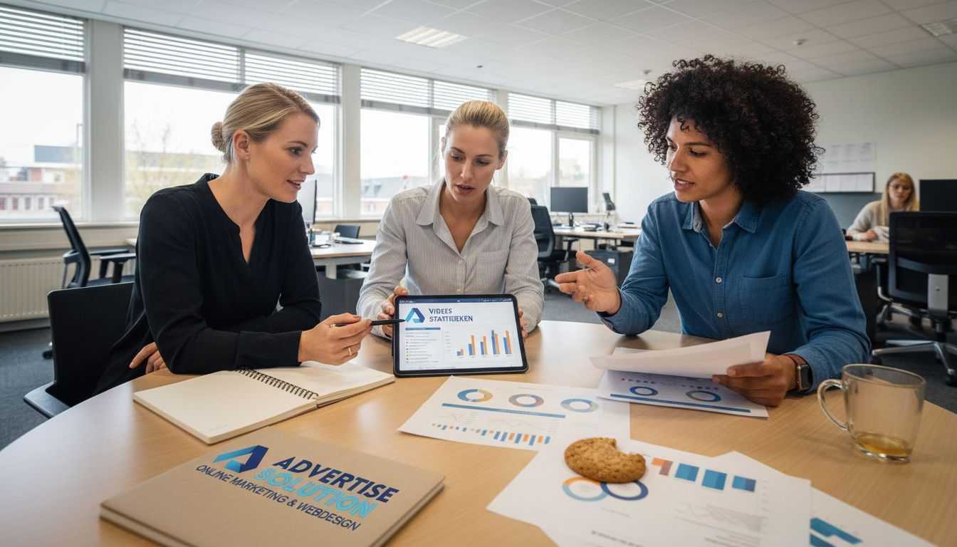 Het MKB-team zit samen om de videostatistieken door te nemen.