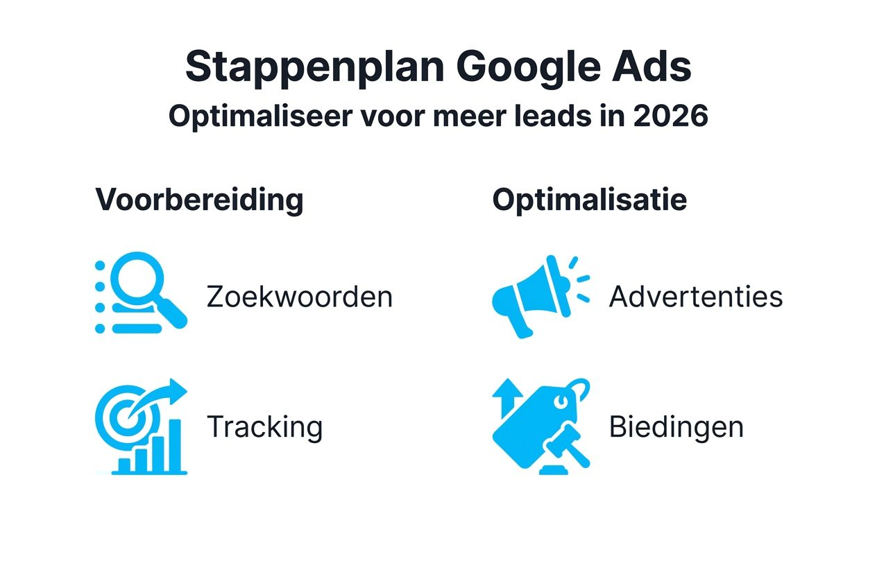 Stappenplan voor het optimaliseren van je Google Ads-campagnes in een overzichtelijke infographic
