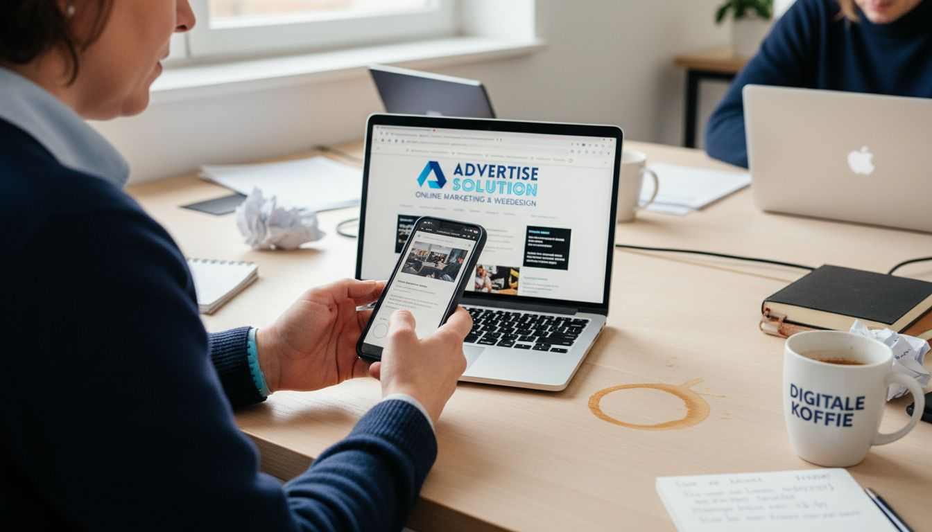Marketeer controleert de laadsnelheid van de website op zijn smartphone