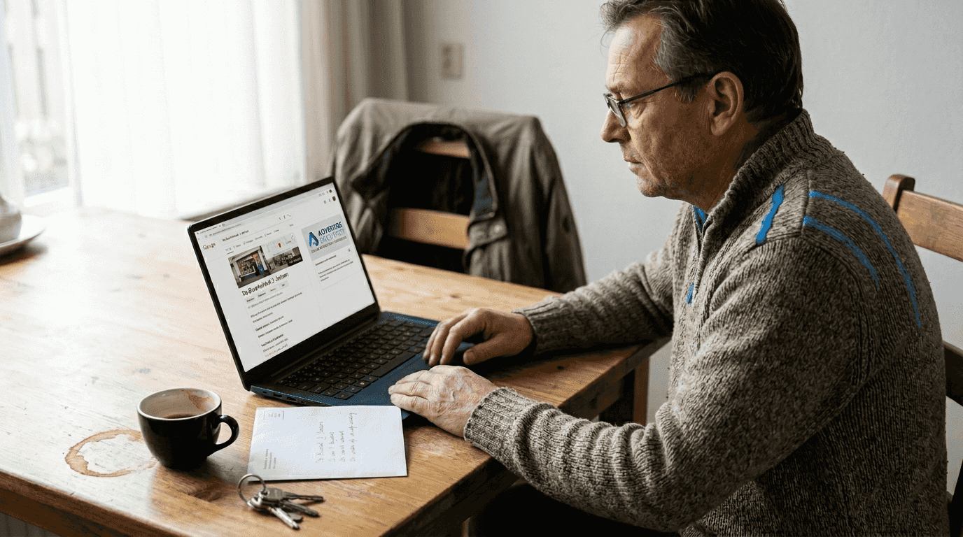 De eigenaar van het bedrijf loopt zijn Google Mijn Bedrijf-pagina even na.