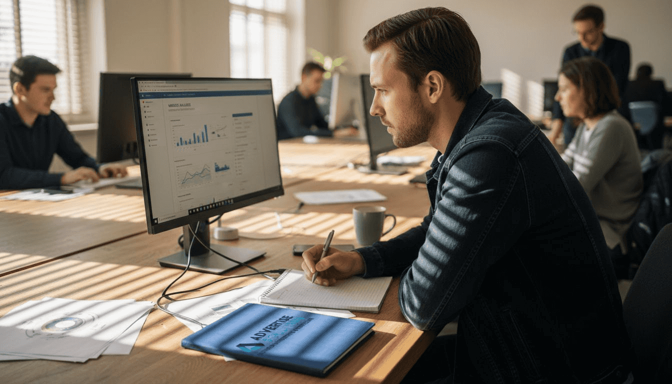 Een man zit achter zijn bureau geconcentreerd de conversietracking te analyseren.
