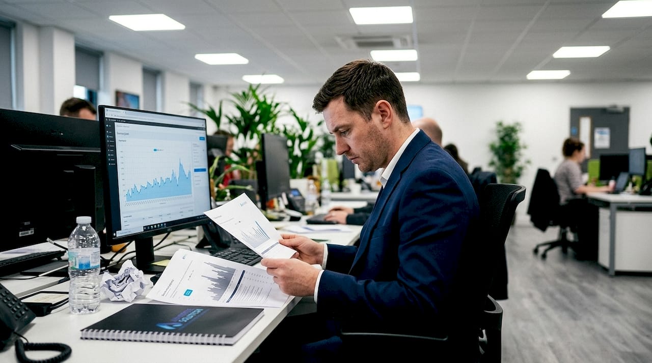 Een ondernemer uit het mkb verdiept zich in een rapport aan zijn bureau in een open kantoorruimte.