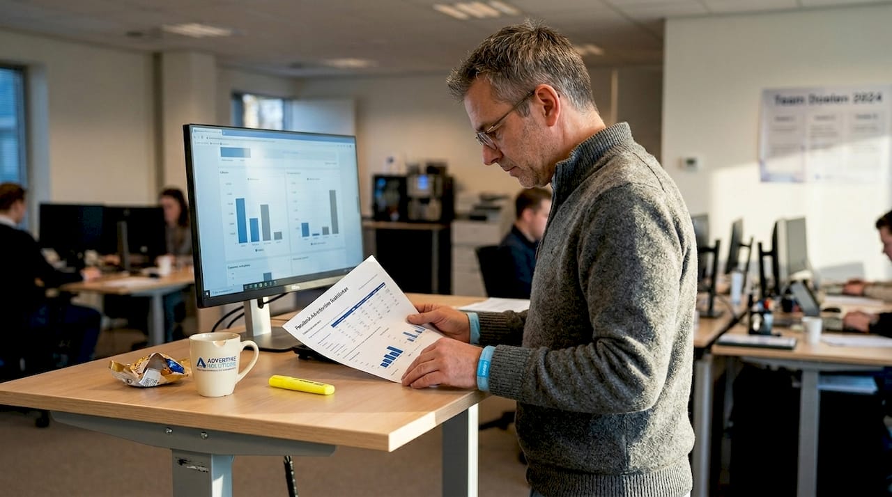 Een medewerker analyseert de Facebook-statistieken op kantoor.