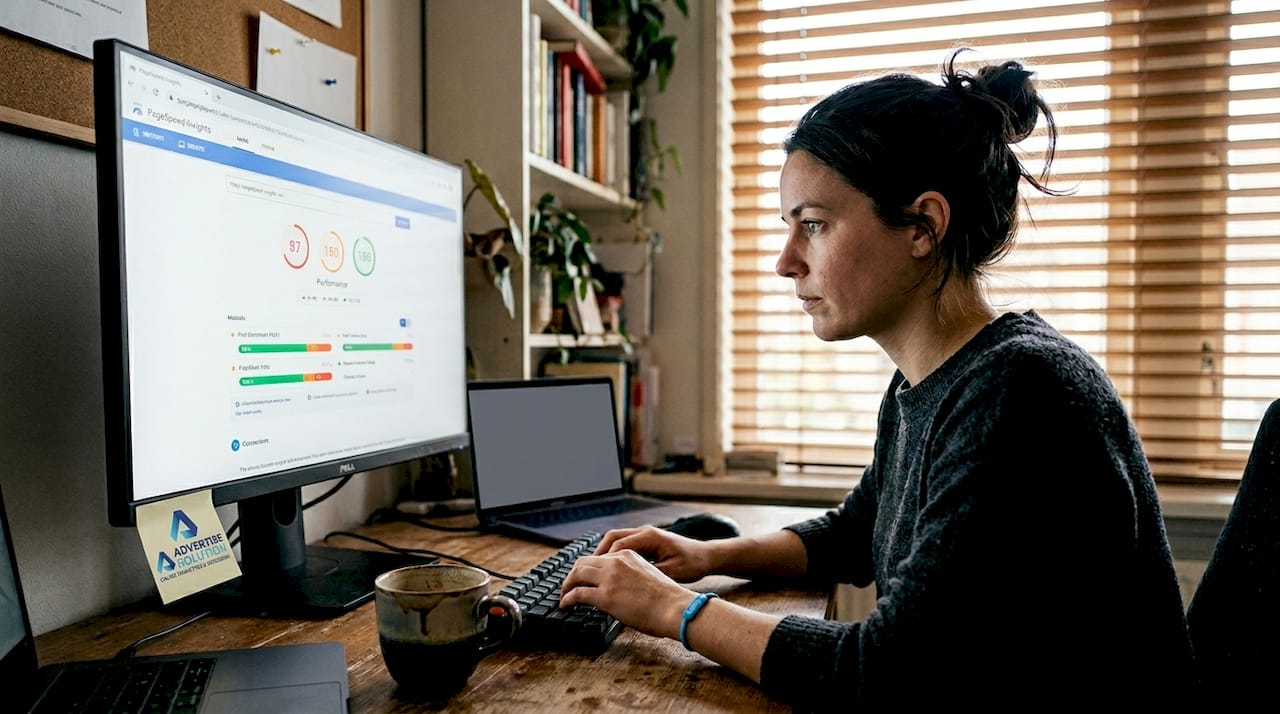 Een webontwikkelaar werkt op kantoor aan het verbeteren van de laadsnelheid van de website.