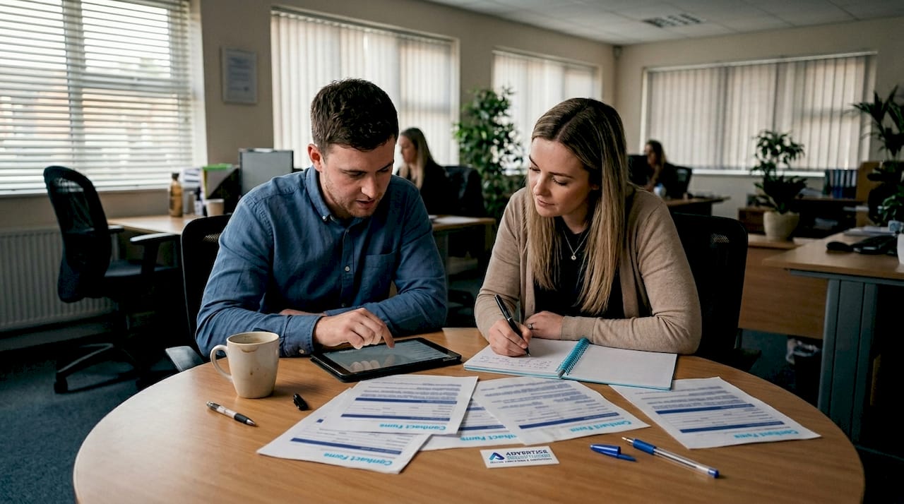 Het team bespreekt de opvolging van leads tijdens een overleg aan tafel.