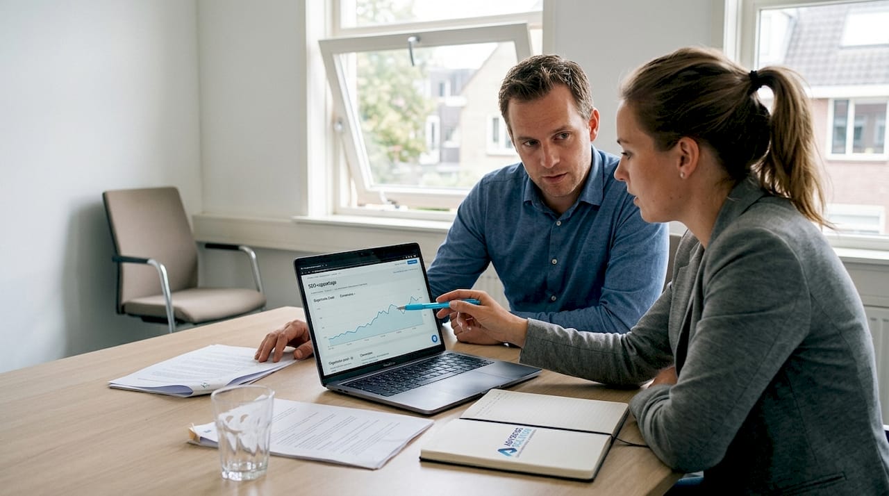 Aan de vergadertafel nemen collega’s samen de SEO-rapporten door.