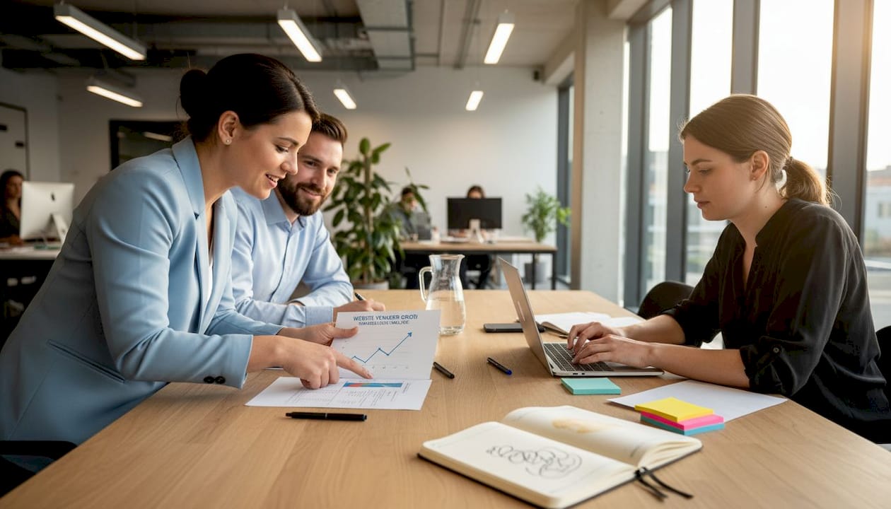 Het team zit samen in de vergaderruimte om de SEO-strategie te bespreken.