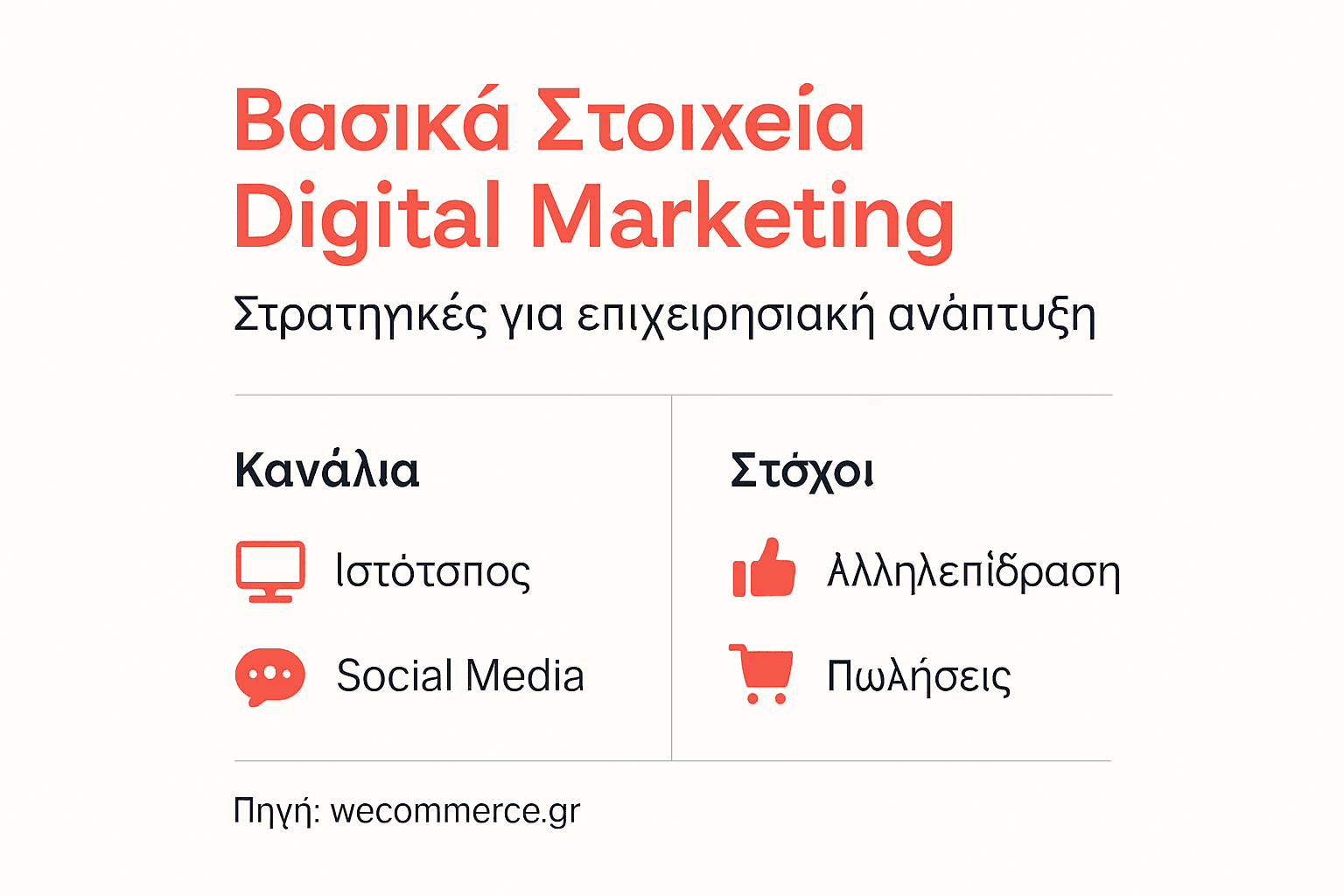 Ε infografικό με τα βασικά στοιχεία του digital marketing: τα κύρια κανάλια και οι στόχοι που πρέπει να έχετε στο μυαλό σας.