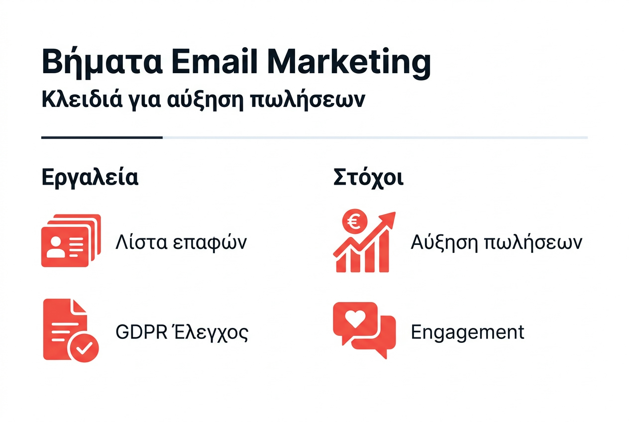 Εικόνα με τα βασικά στάδια του επιτυχημένου email marketing
