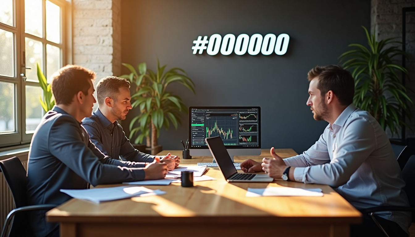 Team of traders discusses risk management around shared laptop