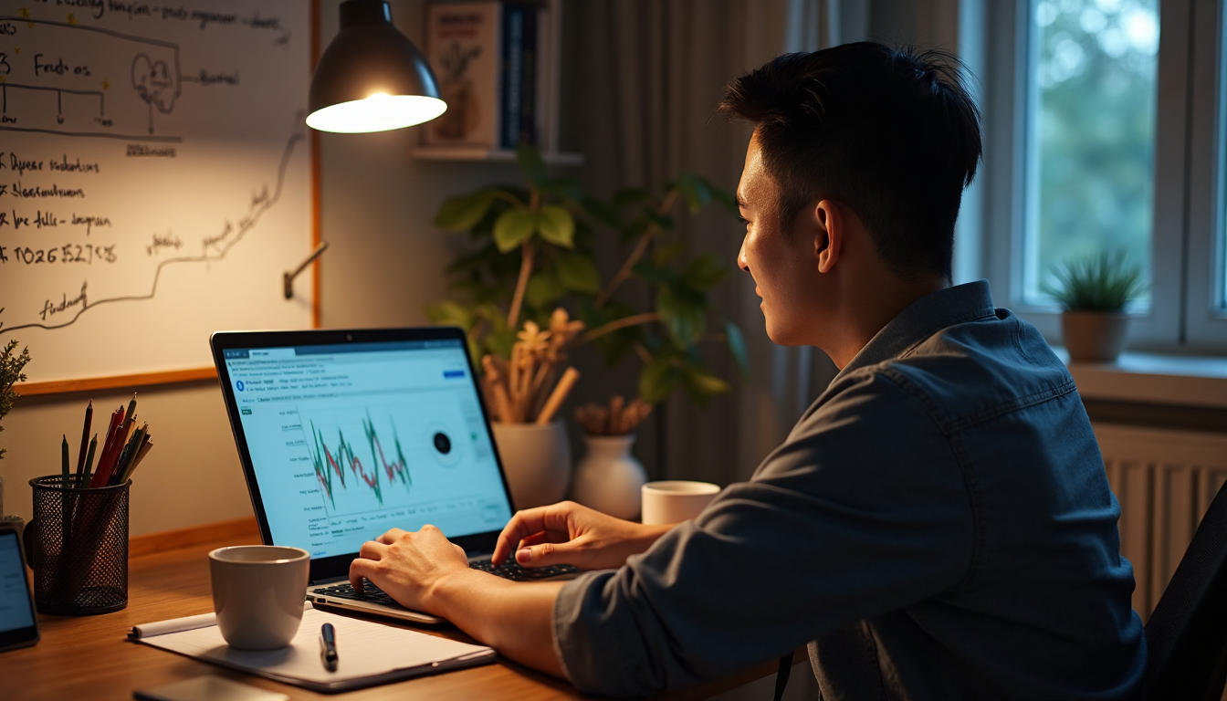Trader at home reviews performance metrics on laptop