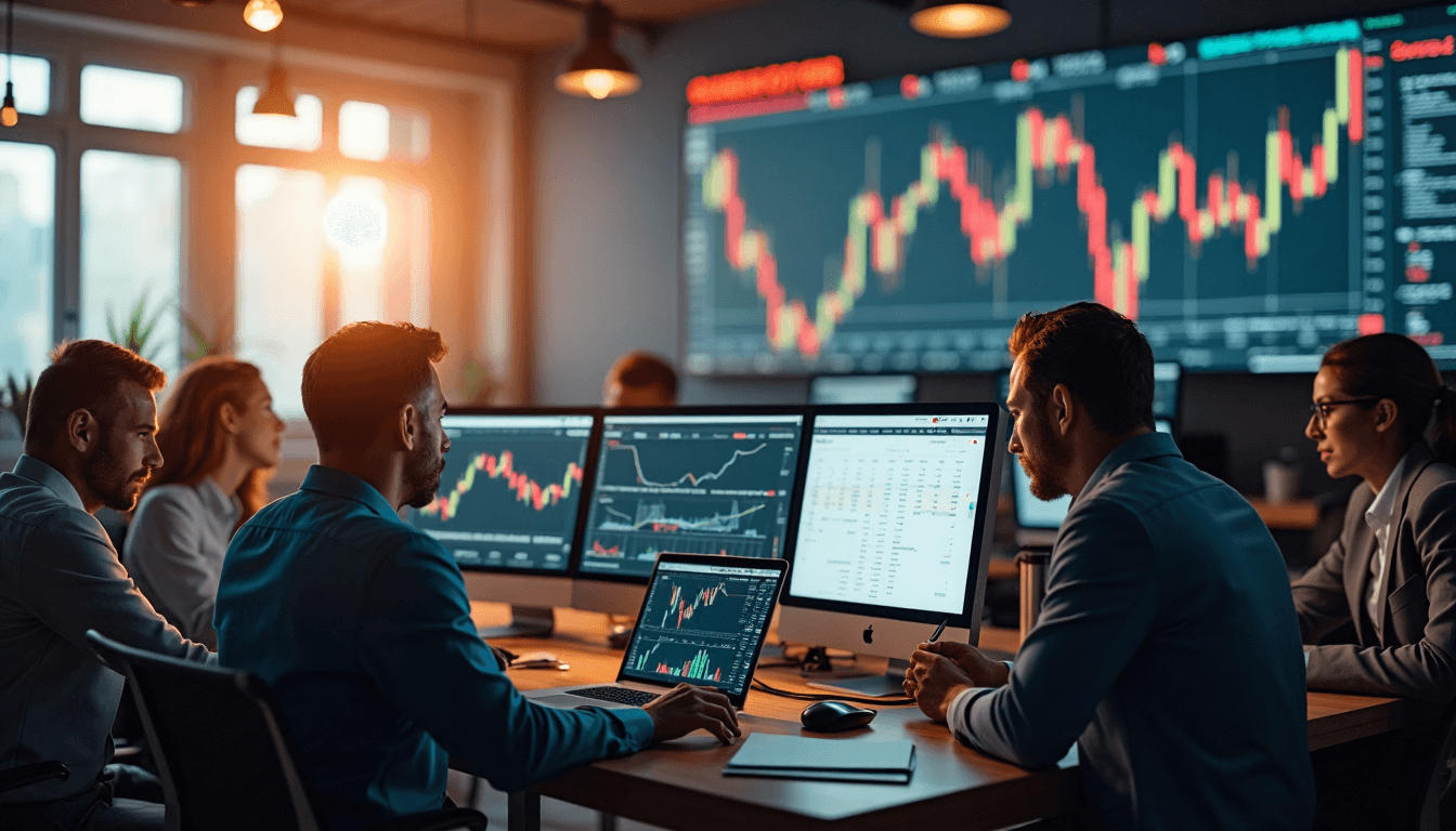 Professional traders in modern office reviewing CFD trading risks on screens
