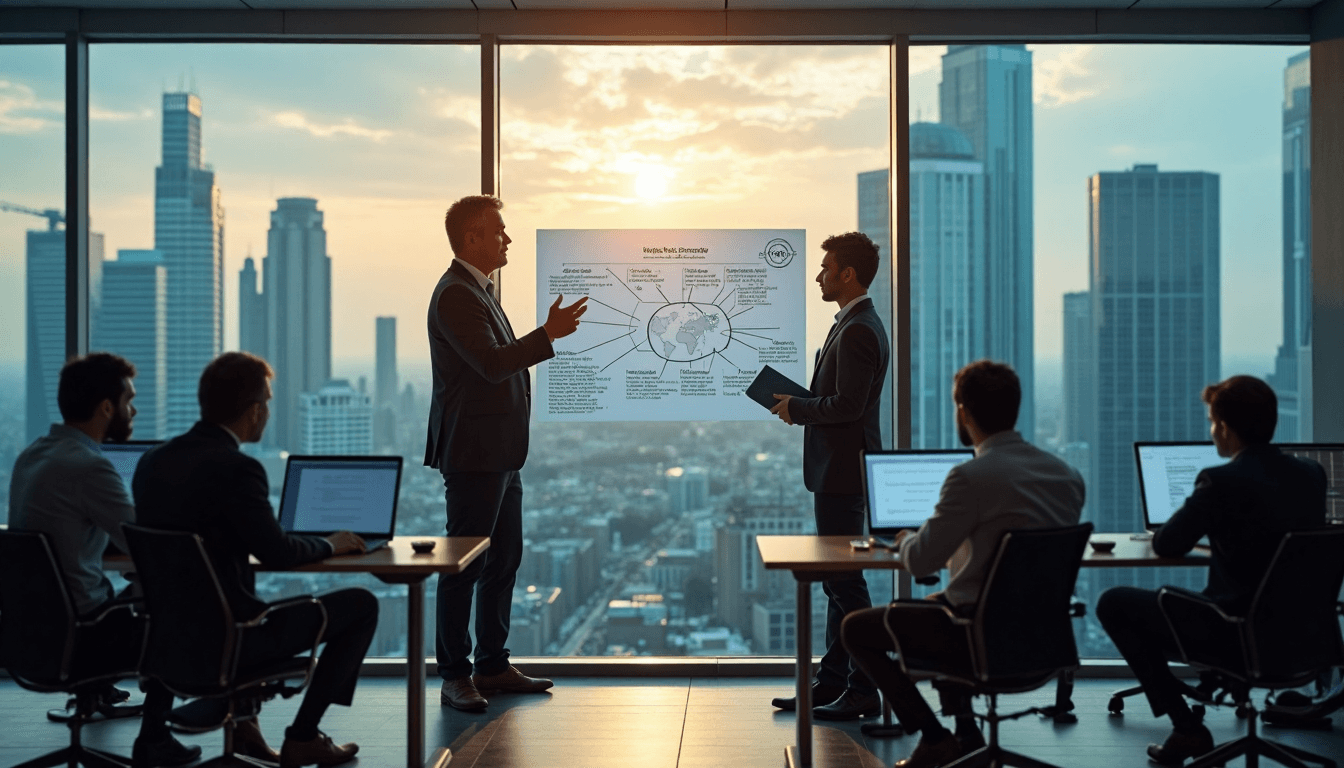 Financial professionals analyzing forex market structure in office setting