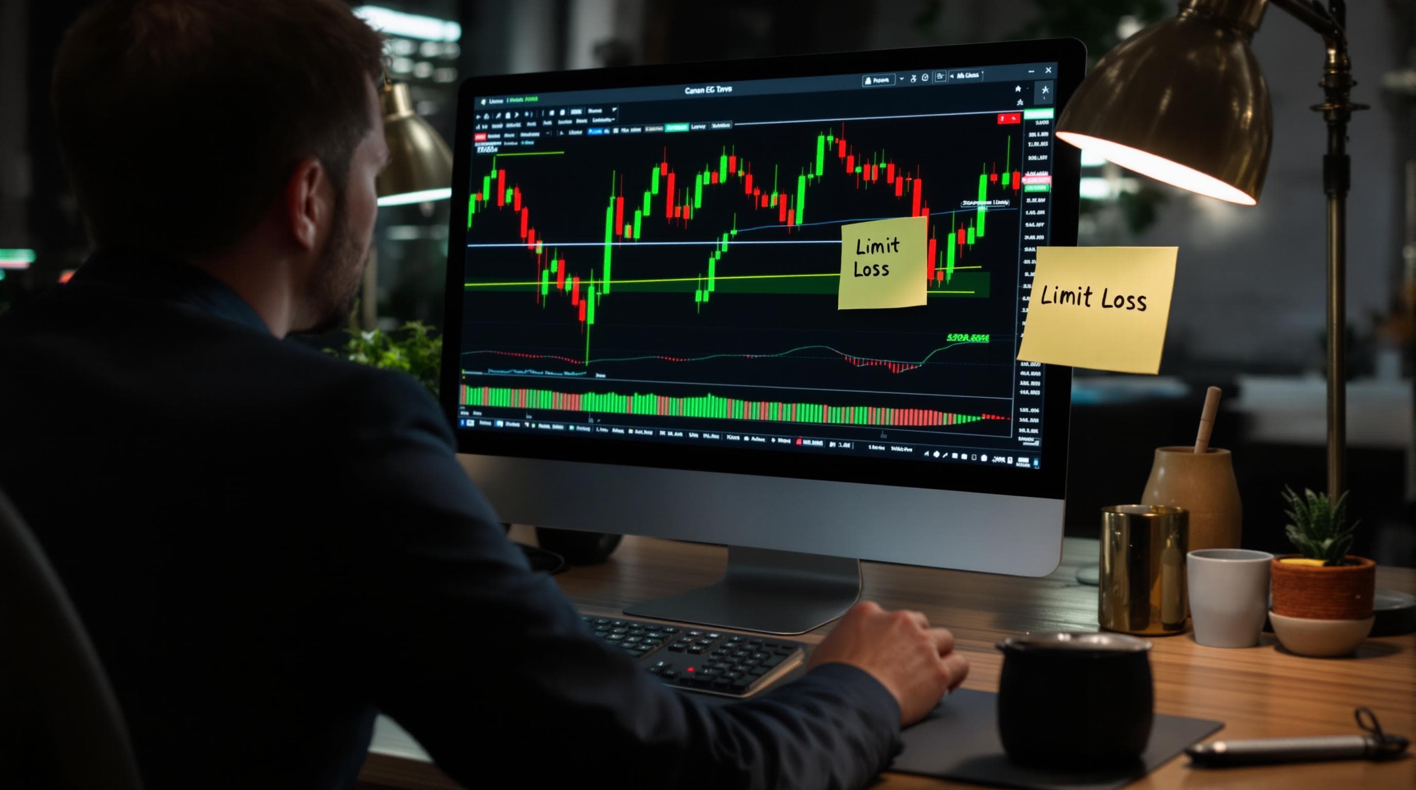 Trader reviewing stop-loss orders to limit losses in volatile market