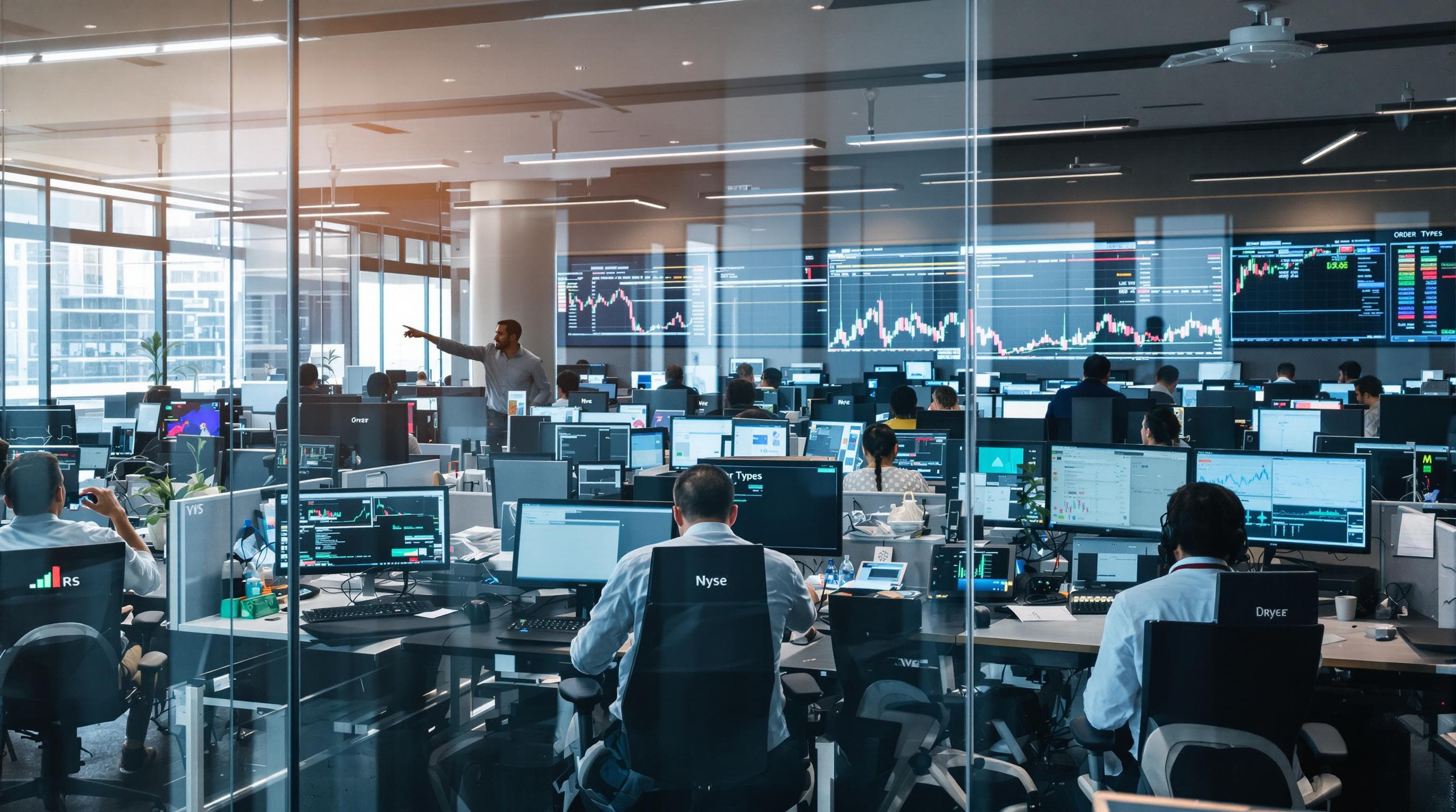Professional traders using advanced order types at desks with charts