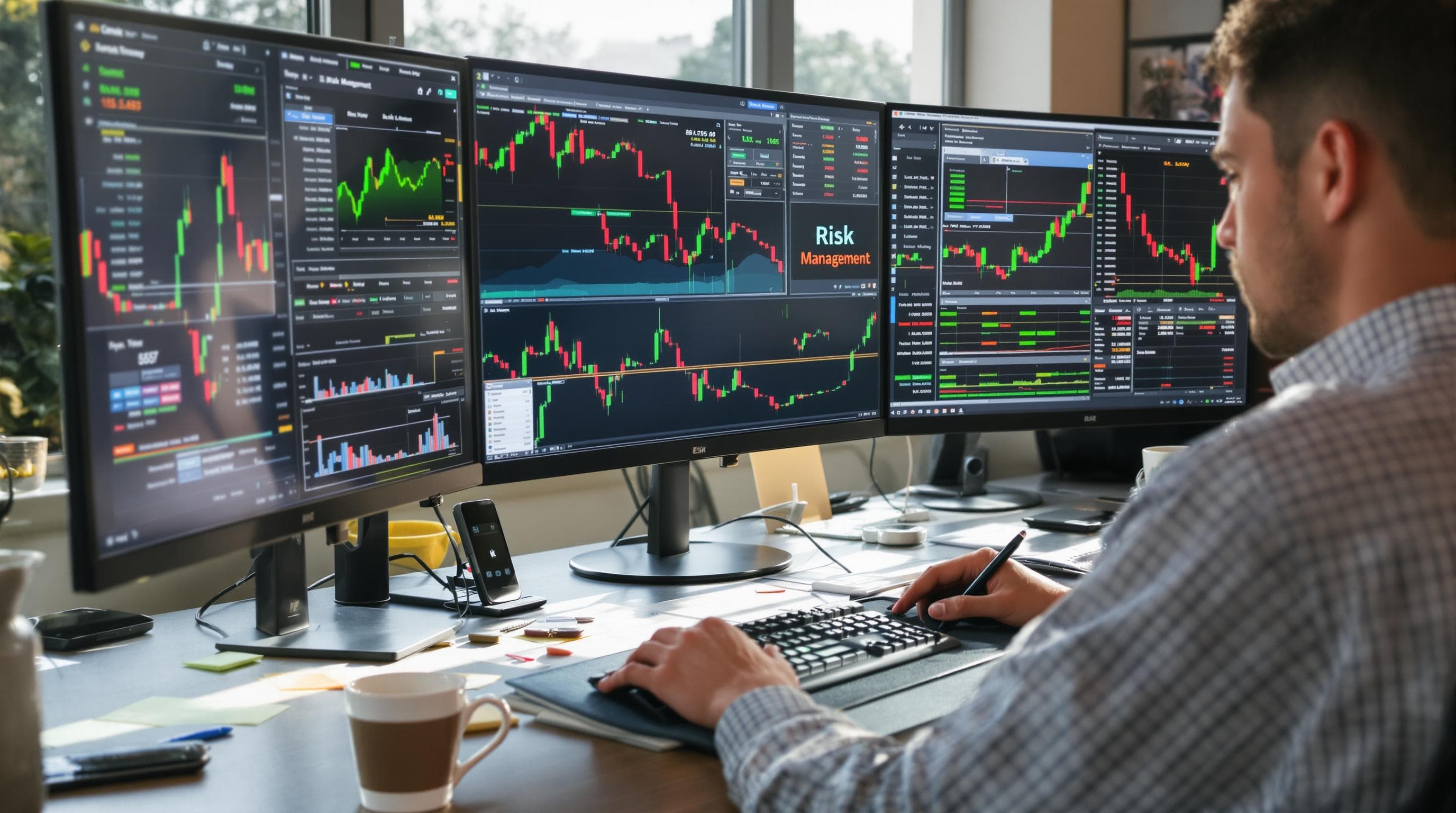 Focused trader reviewing risk management charts at home desk