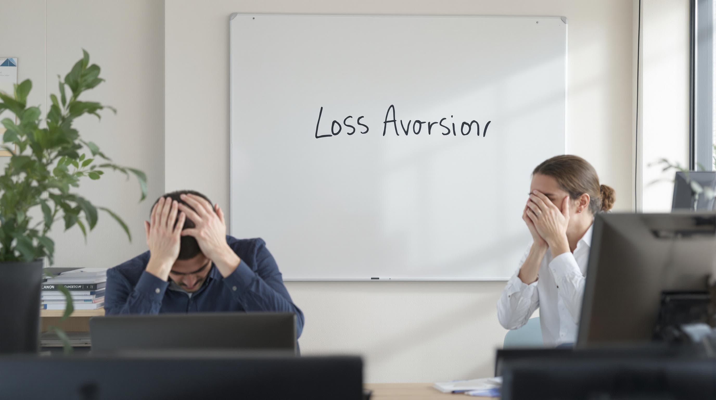 Traders facing emotional stress with loss aversion on wall