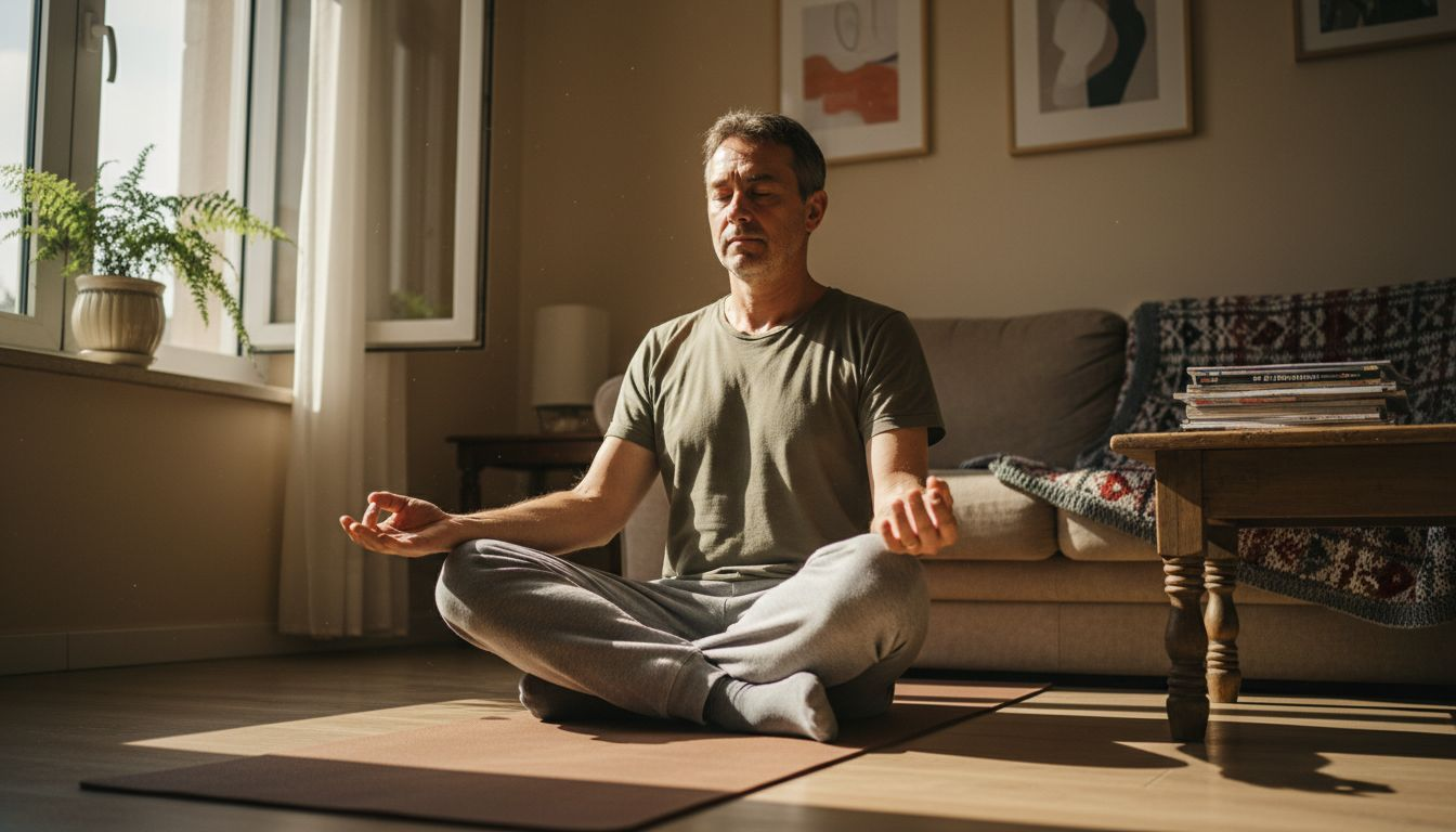 Homem a meditar na sala de estar, rodeado pelo conforto e pelos sinais do dia-a-dia.