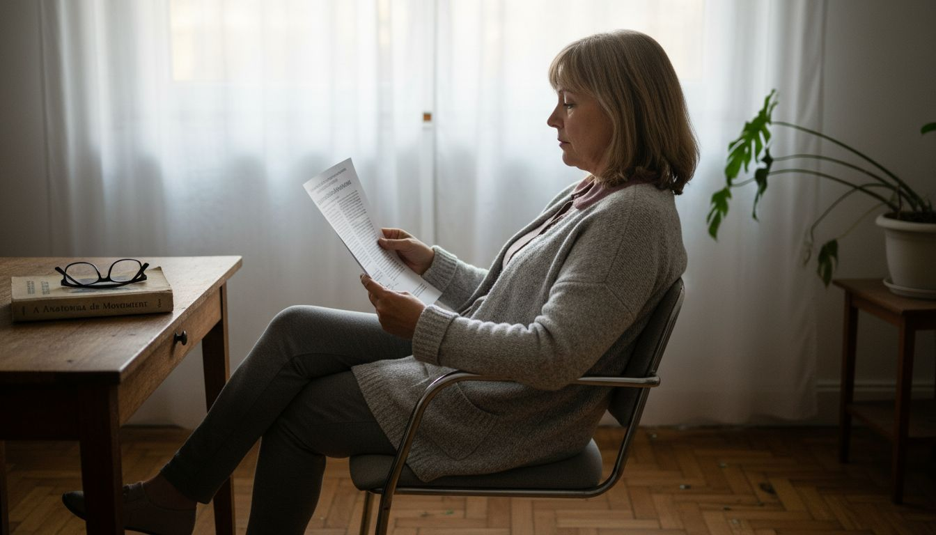 Mulher consultando pesquisa sobre benefícios do yoga