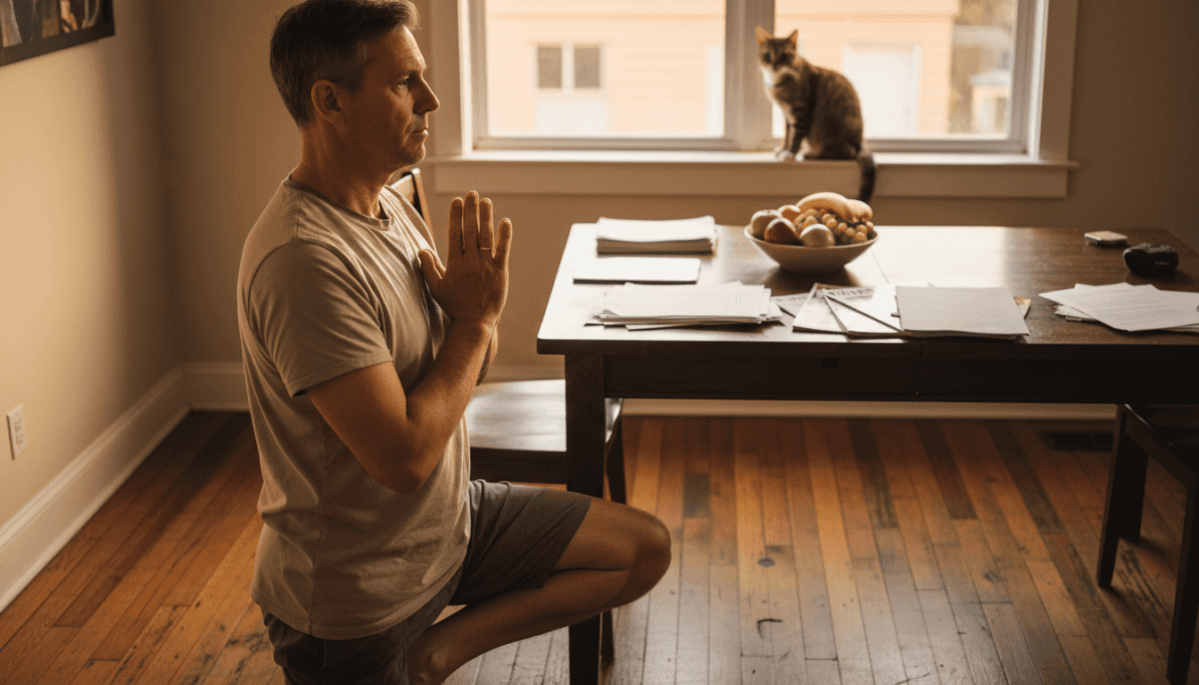 porquê yoga online Homem pratica exercício em casa