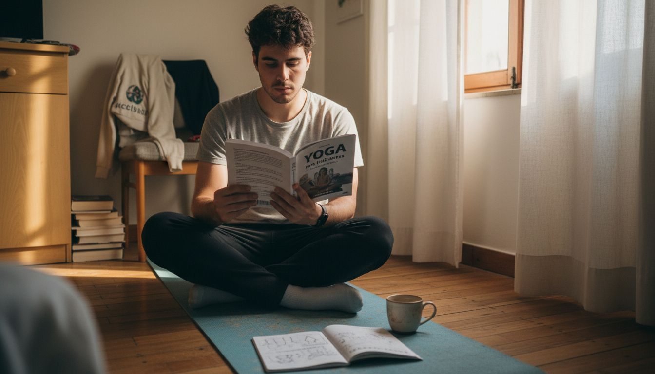 Uma entusiasta de yoga dedica-se ao estudo num quarto modesto.
