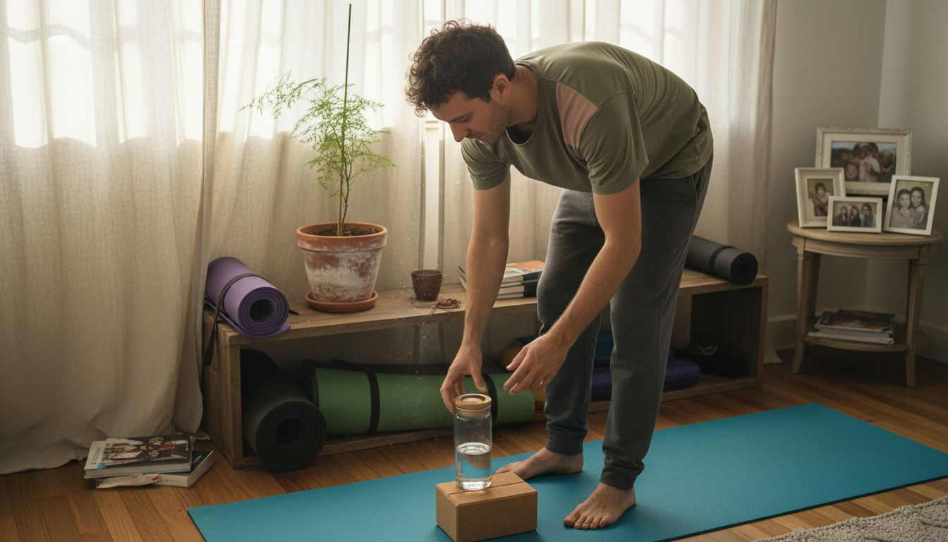 Homem a preparar o material de ioga na sala de estar