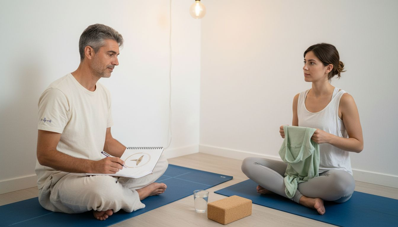 Como escolher formação em yoga: o Professor acompanha e dá apoio a uma estudante durante uma sessão de mentoria em yoga.