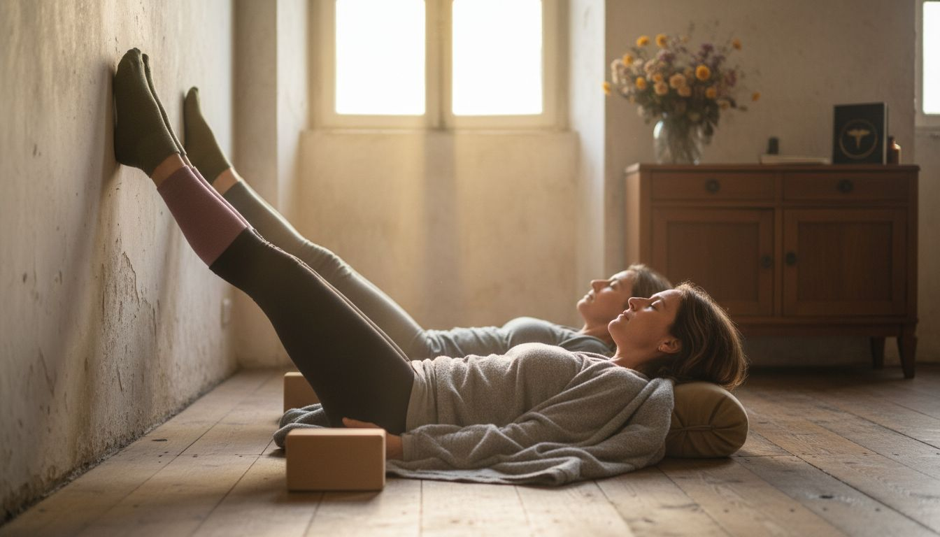 técnicas de relaxamento yoga, Um grupo de mulheres pratica Viparita Karani num estúdio confortável e acolhedor.